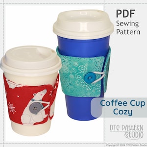 May include: Two coffee cups with white lids, each wearing a fabric cozy. One cozy is red with a polar bear design, the other is teal with a white pattern. The image includes the text "PDF Sewing Pattern" and "Coffee Cup Cozy".