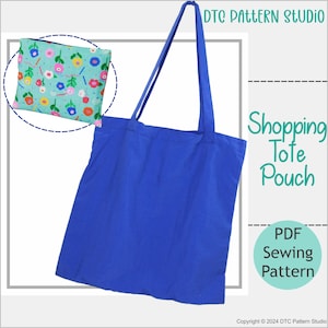 Könnte beinhalten: Ein PDF-Schnittmuster für eine blaue Einkaufstasche mit einer passenden Tasche. Die Tasche hat einen Blumendruck mit bunten Blumen und grünen Blättern auf hellblauem Hintergrund. Das Schnittmuster trägt den Titel "Shopping Tote Pouch" und enthält den Text "PDF Sewing Pattern".