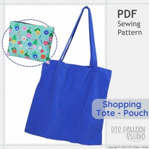Może przedstawiać: Niebieska torba typu tote z pasującą saszetką. Saszetka ma jasnoniebieskie tło z kolorowym kwiatowym wzorem. Tekst na zdjęciu brzmi "PDF Sewing Pattern" i "Shopping Tote - Pouch".