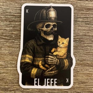 El Jefe Sticker - Skeleton Firefighter with Kitten - King of the Firehouse