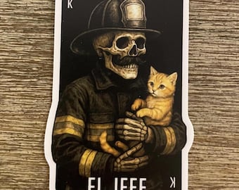 El Jefe Sticker - Skeleton Firefighter with Kitten - King of the Firehouse