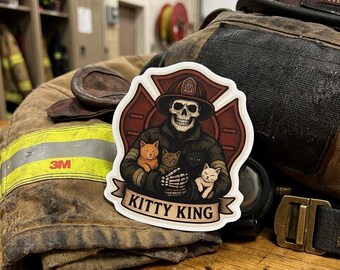 Firefighter “Kitty King” Sticker – Skeleton Firefighter With Cats