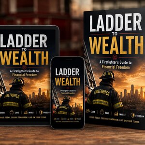May include: A book, tablet, and smartphone display the cover of "Ladder to Wealth: A Firefighter's Guide to Financial Freedom." The cover features a firefighter, a ladder, and a cityscape. The book is black with white and yellow text.