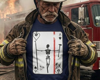Thin Red Line Firefighter T-Shirt: Skeleton Playing Card Graphic