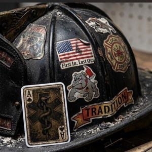 May include: A black firefighter helmet adorned with various stickers, including an American flag with the text First In, Last Out, a bulldog with an axe, a fire department emblem, and a rectangular sticker featuring an ace of spades card design.