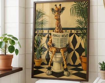 Humorous giraffe poster without frame, bathroom pictures, bathroom image, guest toilet decor, bathroom or office
