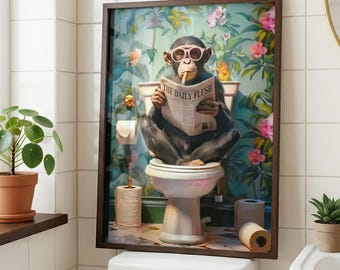Funny Monkey Poster for Guest Bathroom Decor | Monkey with Cigar & Newspaper | Jungle Art Print Bathroom