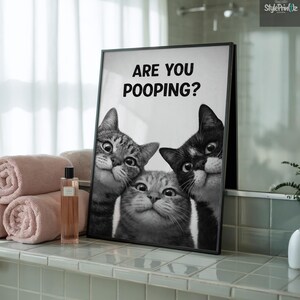 Funny Cat Bathroom Poster – “Are You Pooping?” Wall Art, Cute Black White Cat Print, Toilet Humor Decor, Guest Bathroom Sign