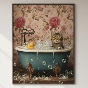 Katze in Badewanne Wandbild, Lustiges Badezimmer Poster & Leinwand, Vintage Blumen Dekor, Whimsical Cat Art, Coziness Bad Deko