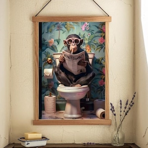 Lustiges Affen Poster, Badezimmer Deko, Monkey Reading Newspaper, Toilet Humor, Jungle Art Print, Lustige Wandkunst für WC, Geschenkidee