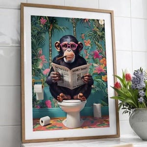 Simpatico quadro con una scimmia per il bagno degli ospiti: scimmia con occhiali da sole e giornale, poster o tela.