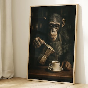 Barista Monkey Wall Art Print, Vintage Chimpanzee with Coffee Pot, Coffee Bar and Kitchen Decor, Cafe Poster Canvas Framed Print Gift