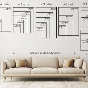 May include: A size guide chart displaying various aspect ratios including 11:14, 4:5, 2:3, A1-A4, 3:4, and 1:1 with specific dimensions in inches and centimeters, positioned above a beige three-seater sofa labeled as 90 inches wide.