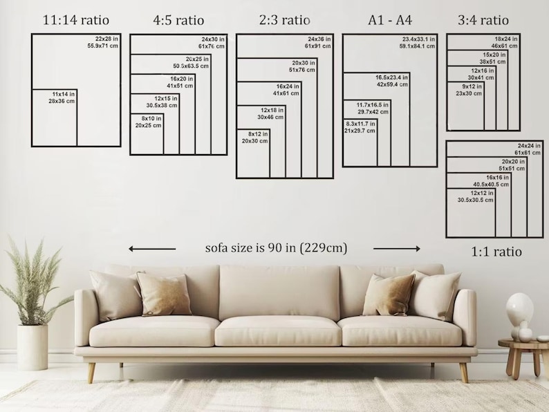 May include: A size guide chart displaying various aspect ratios including 11:14, 4:5, 2:3, A1-A4, 3:4, and 1:1 with specific dimensions in inches and centimeters, positioned above a beige three-seater sofa labeled as 90 inches wide.