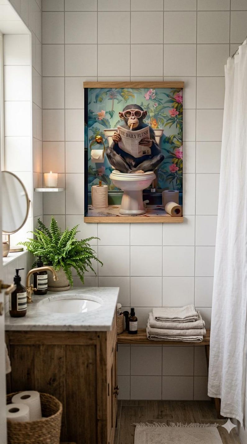 May include: A framed wall art print featuring a chimpanzee wearing pink glasses, sitting on a toilet, and reading a newspaper titled The Daily Flush. The background shows a vibrant floral wallpaper pattern with green leaves and pink flowers.