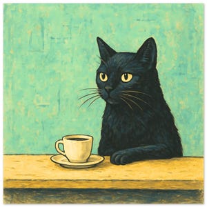 Black cat poster, coffee canvas print, vintage cat illustration, art print black cat, cafe decoration cat, cat picture wall decoration