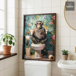 Monkey on Toilet Funny Bathroom Wall Art Print, Humorous Guest WC Decor Poster, Ape Restroom Sign, Gag Gift for Men, Printable Wall Art image 9