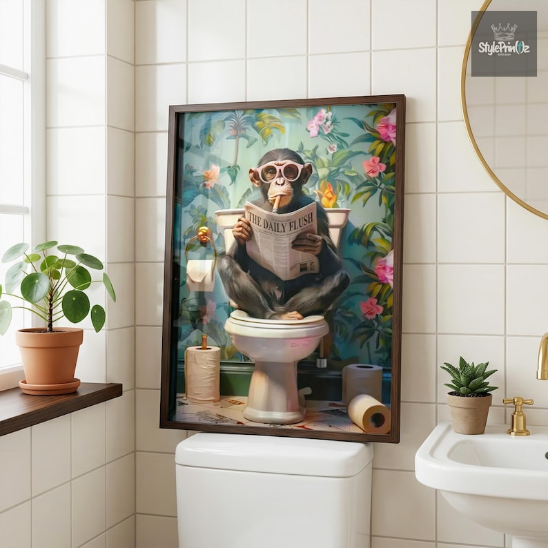 Monkey on Toilet Funny Bathroom Wall Art Print, Humorous Guest WC Decor Poster, Ape Restroom Sign, Gag Gift for Men, Printable Wall Art image 9