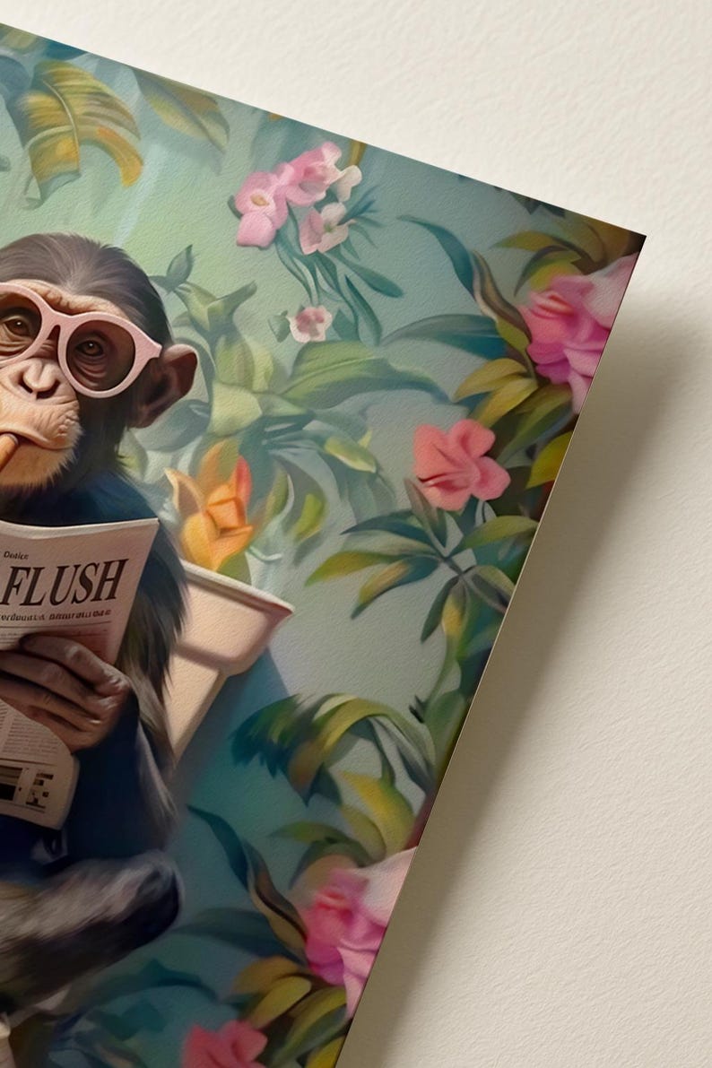 May include: A chimpanzee wearing light pink glasses sits on a toilet while reading a newspaper with the word FLUSH printed on the front page. The background features a vibrant botanical scene filled with green leaves and pink flowers.
