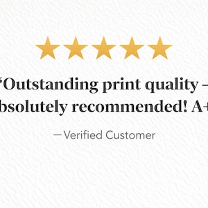 May include: A five-star rating graphic featuring five gold stars above the text: "Outstanding print quality &mdash; absolutely recommended! A+" followed by the attribution "&mdash; Verified Customer" on a white textured background.