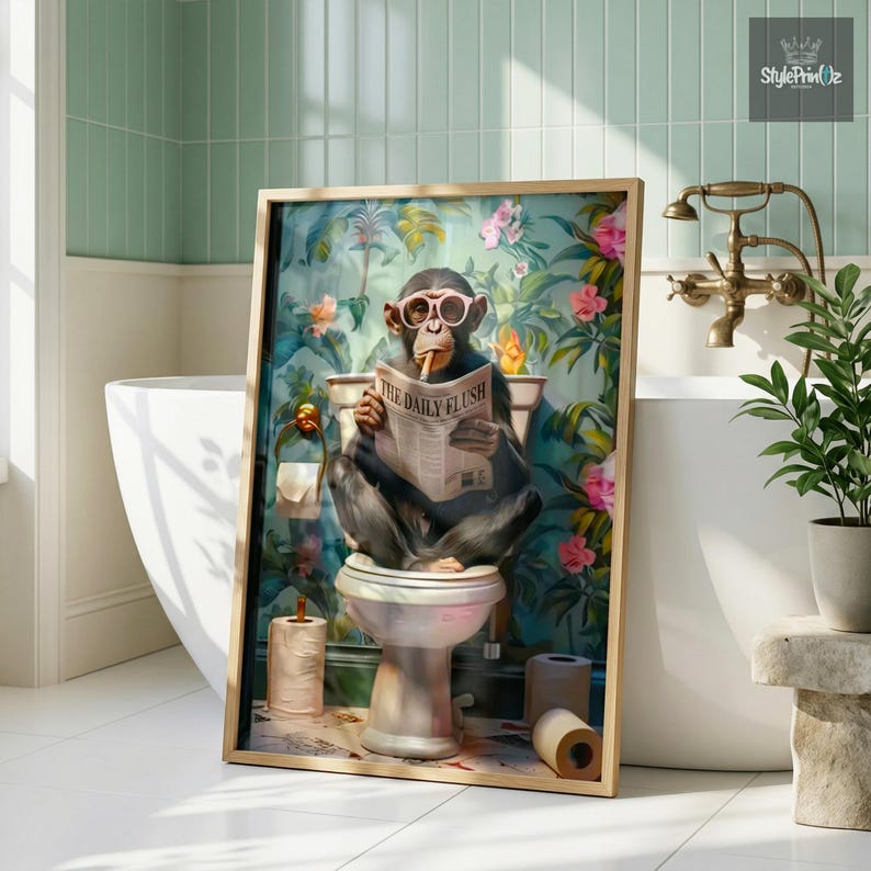 May include: A framed wall art print featuring a chimpanzee wearing pink glasses and smoking a cigar while sitting on a toilet reading a newspaper titled The Daily Flush, set against a vibrant background of green leaves and pink flowers.
