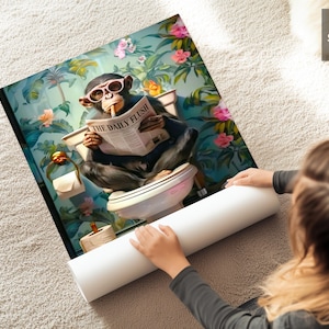 Monkey on Toilet Funny Bathroom Wall Art Print, Humorous Guest WC Decor Poster, Ape Restroom Sign, Gag Gift for Men, Printable Wall Art image 3