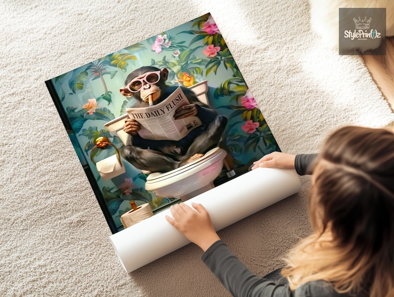 Monkey on Toilet Funny Bathroom Wall Art Print, Humorous Guest WC Decor Poster, Ape Restroom Sign, Gag Gift for Men, Printable Wall Art image 3