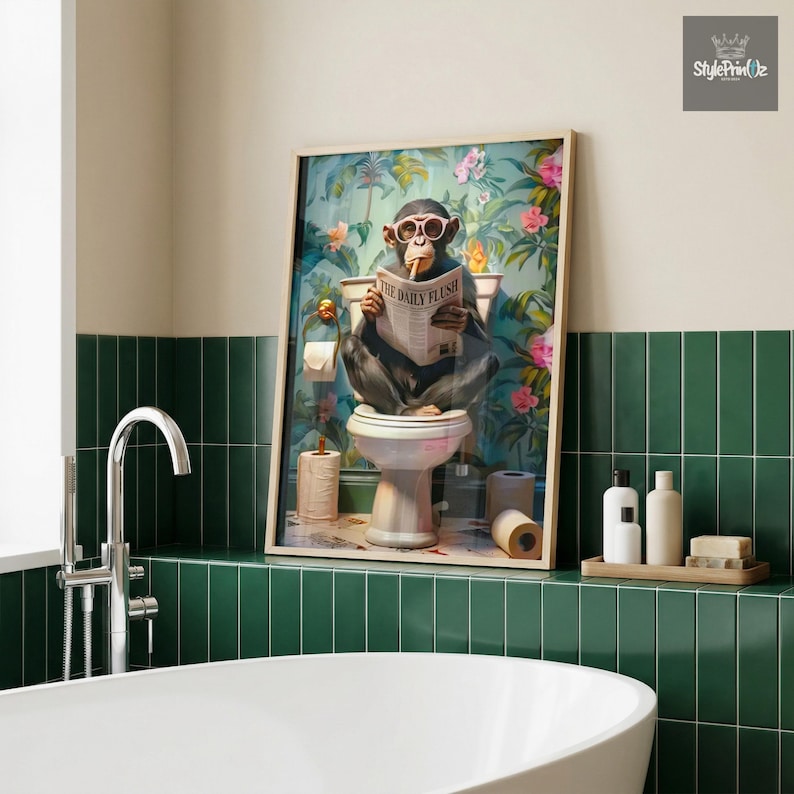 Monkey on Toilet Funny Bathroom Wall Art Print, Humorous Guest WC Decor Poster, Ape Restroom Sign, Gag Gift for Men, Printable Wall Art image 16