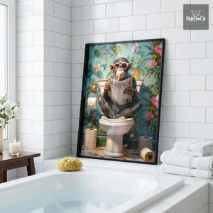 Monkey on Toilet Funny Bathroom Wall Art Print, Humorous Guest WC Decor Poster, Ape Restroom Sign, Gag Gift for Men, Printable Wall Art image 7