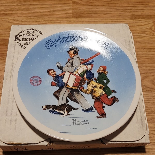 Edwin M Knowles Norman Rockwell Santa's Helper Vintage Collectable Plate Decorative Eighteenth In An Annual Series Fine China Dish Vintage