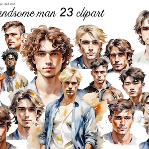 23 枚の水彩画のハンサムな男性のクリップアート バンドル、男性のクリップアート、男性のポートレート PNG、男性の顔のクリップアート、デジタル クリップアート PNG