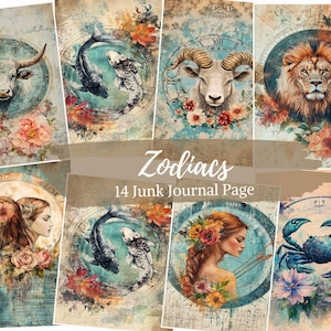 Zodiacs Junk Journal Page , Astrological Watercolor Journal Page , Horoscope Journal Papers, Junk Journal Digi Kit, Printable Journal