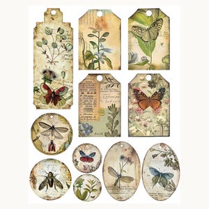 145+ botanische tags en labels, afdrukbaar rommeljournaal, collageblad bloemen, efemere vlinders, bloemeninsecten, plakboek, papierkunst