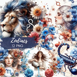 Zodiacs, Horoscope Signs, Astrological Watercolor ClipArt Bundle, Printable, instant download