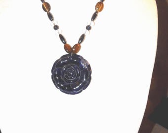 Sodalite Flower, Tiger Eye and Hematite, Clear Quarts Necklace