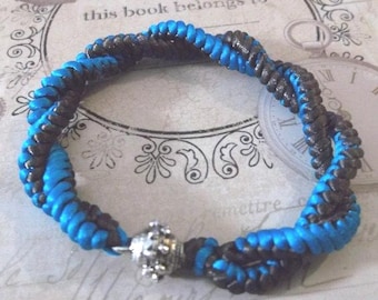 Turquoise and Chocolate Brown Woven Fiber Art Bracelet with Magnetic Clasp