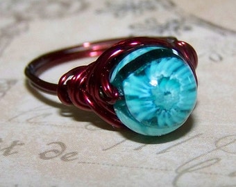 Aqua Flower Glass and Burgundy  Copper Wire Wrapped Ring Size 7