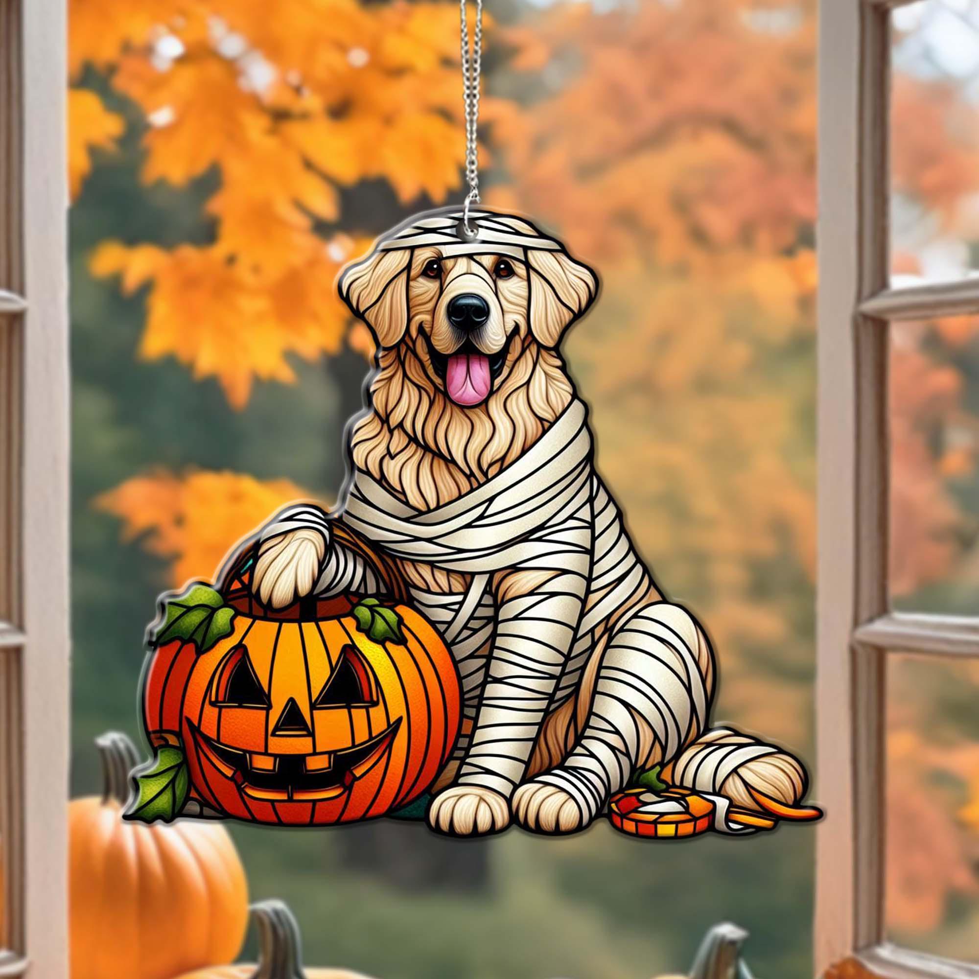 Mummy Golden Retriever Halloween Acrylic Window Hanging, Dog Lovers