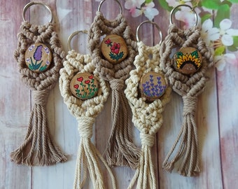 Macrame keychain tree disc painted flowers Mother's Day gift mom wife grandma