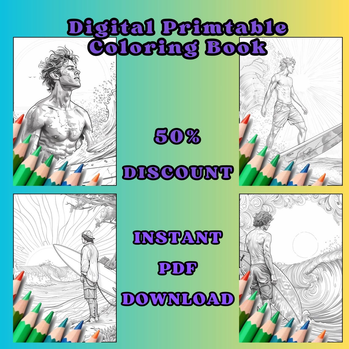 Surf Coloring Page, Adults Coloring Page, Sports Coloring Sheet