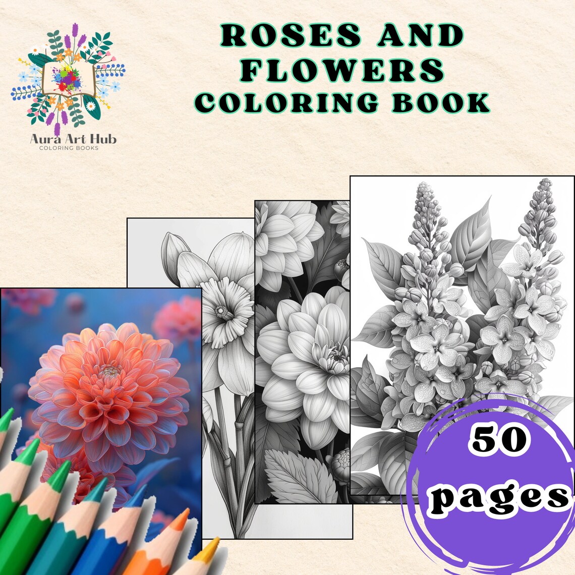35 Roses and Flowers Coloring Page, Adults Coloring Pages, Cute