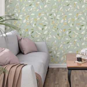 Carta da parati botanica delicata, verde tenue staccabile e attaccabile, sottili rami frondosi, facile da applicare e rimuovere, design senza tempo per pareti senza PVC