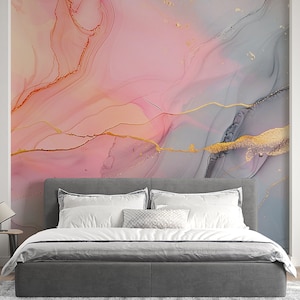 Elegant Grey and Pink Marble Wall Mural, Alcohol Ink Flowing Pattern Wallpaper, Easy to Apply Wall Design, Sophisticated Peel and Stick