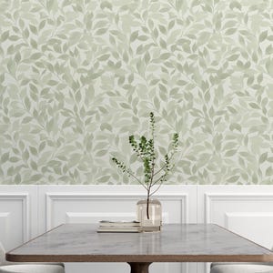 Delicate Sage Green Leafy Wallpaper, Elegant Minimalist Peel and Stick, Elegant Nature-Inspired Pattern, Modern Wall Design, PVC-Free Decal