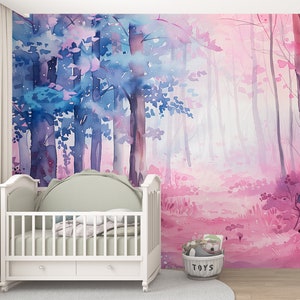 Rosa und Flieder mystischer Wald Wandbild, abziehen und aufkleben Aquarell Tapete, abstraktes Kinderzimmer Design