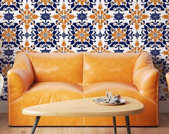Bold Portuguese Azulejo-Inspired Wallpaper, Modern Bohemian Peel and Stick, Floral Motif, Navy Blue and Orange Design, Vintage Tile-Like Art