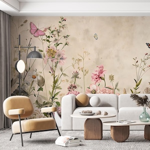 Abstract Flower Field Mural, Beige Botanical Wallpaper, Peel and Stick Minimalistic Meadow Art, Butterflies and Flowers Wall Decor