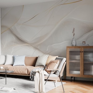 Murale astratto minimalista, marmo bianco e crema staccabile e attaccabile, design di lusso, parete decorativa sottile, eleganza moderna, carta da parati senza PVC