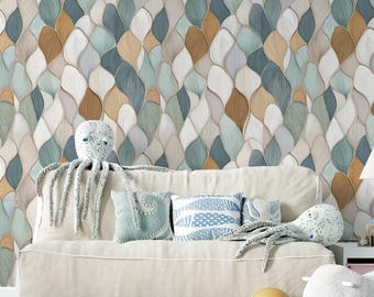 Papel pintado bohemio abstracto, autoadhesivo en tonos neutros, azul y beige, diseño minimalista moderno, estilo escandinavo, pared con acento en tonos tierra, tamaño personalizado.