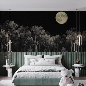 Night Sky Peel and Stick, Forest and Moon Mural, Dark Starry Landscape, Full Moon Accent Wall, Calm Wall Design, Easy to Apply Wallpaper